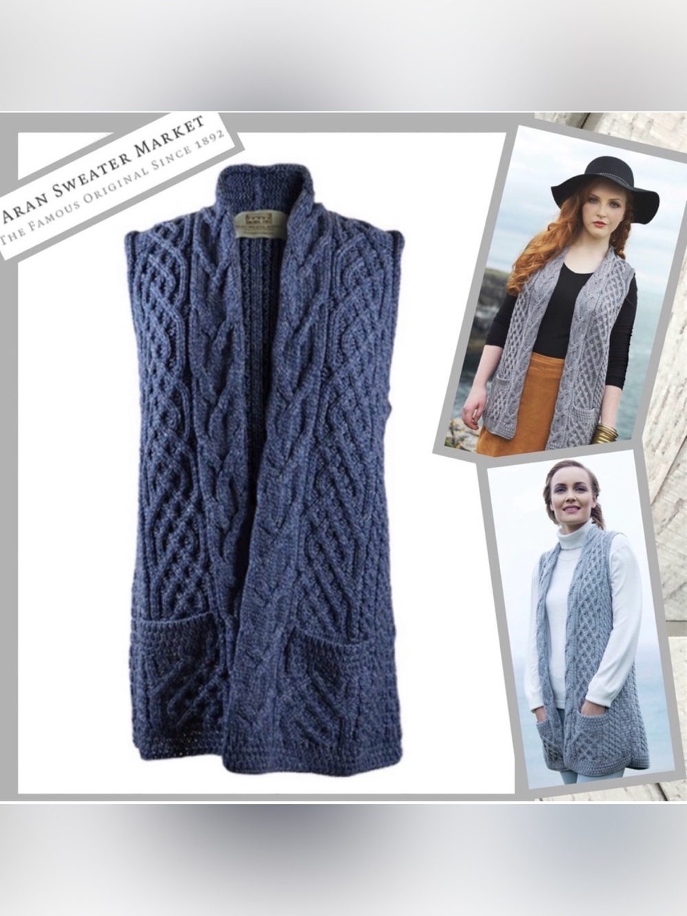 Aran Sweater Market cable vest, Merino Wool, blue, Women’s XL made in Ireland - Picture 4 of 13